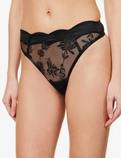 BLUEBELLA Cassandra Floral-embroidered Recycled-polyester Thong -Boutique Fashion Lingerie Store R04144704 BLACK ALT04