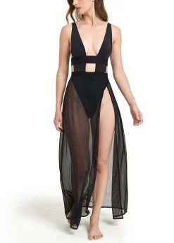 BLUEBELLA Topaz Long Chemise (Black) -Boutique Fashion Lingerie Store bluebella topaz long chemise black lace mesh soft nightwear sleepwear loungewear elegant dress D