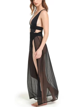 BLUEBELLA Topaz Long Chemise (Black) -Boutique Fashion Lingerie Store bluebella topaz long chemise black lace mesh soft nightwear sleepwear loungewear elegant dress E